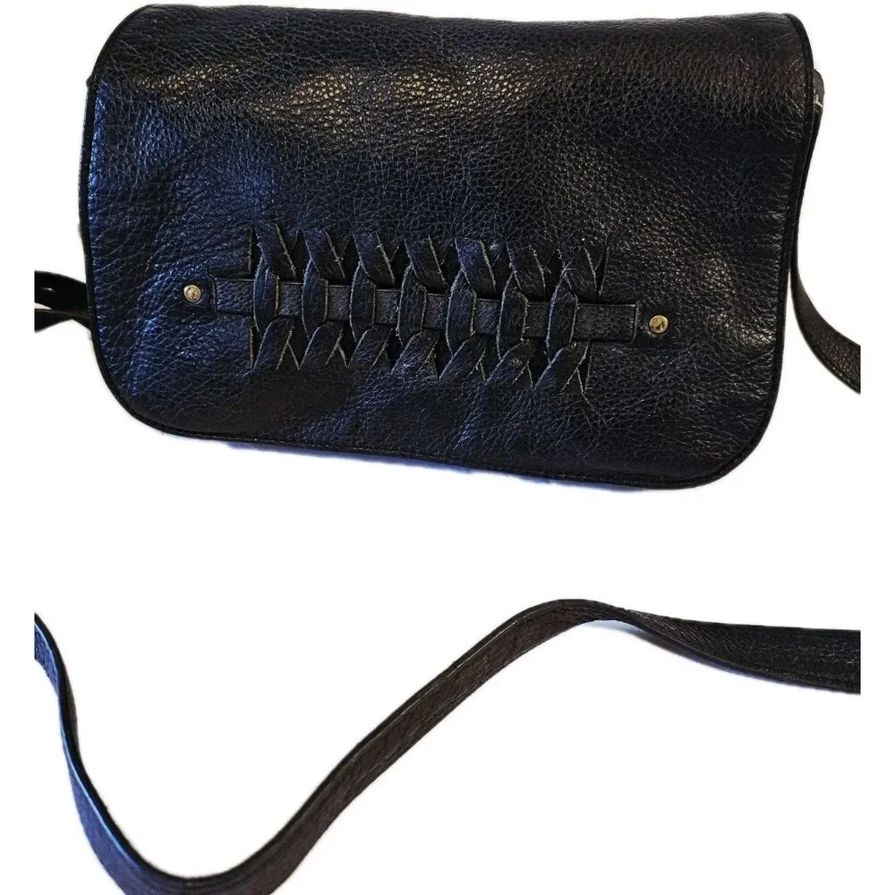 Lucky Brand Kingston Flap Crossbody Bag Black Pebbled Leather Woven Boho